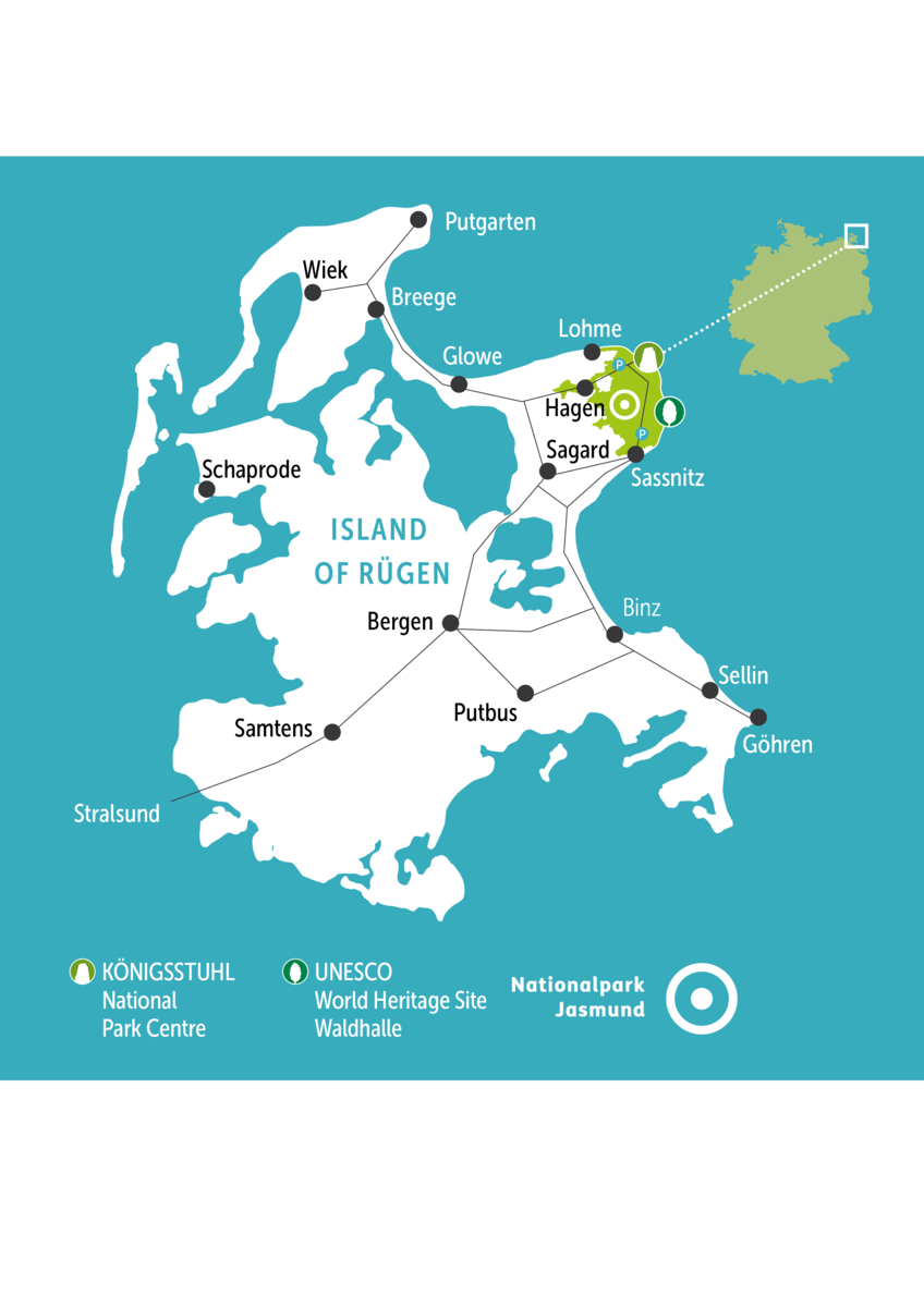 Karte der Insel Rügen, die wichtige Orte wie Lohme, Sassnitz, Hagen und Binz zeigt. Der Nationalpark Jasmund ist eingezeichnet, ebenso das UNESCO-Weltkulturerbe. Die Karte bietet eine klare Übersicht der Anordnung und Verbindung dieser Städte.