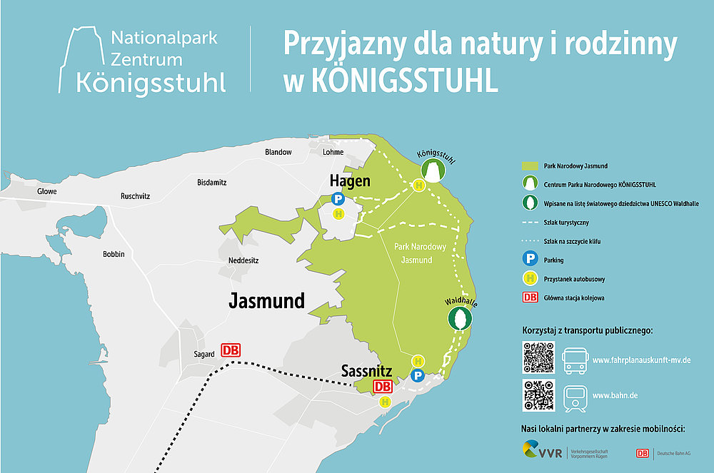 Karte des Nationalparks Zentrum Königsstuhl. Sie zeigt die Standorte von Naturerlebnisangeboten, Wanderwegen und öffentlichen Verkehrsanbindungen in den Orten Sassnitz, Jasmund und Hagen. Informationen über den Park und Freizeitmöglichkeiten sind ebenfalls vorhanden.