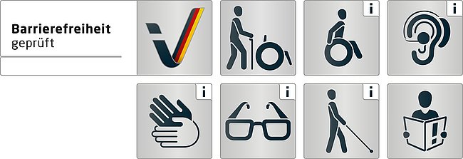 Icons zur Barrierefreiheit, einschließlich eines Prüfsiegels, eines Rollstuhls, einer Gehhilfe, einer Hörhilfe, einer Hand, einer Brille und eines Blindenstocks. Das Symbol verdeutlicht die Lagebarrierefreiheit für Menschen mit unterschiedlichen Bedürfnissen.