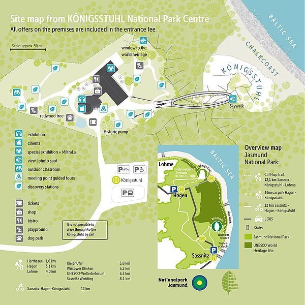 Lageplan des KÖNIGSSTUHL Nationalparkzentrums mit verschiedenen Einrichtungen wie Ausstellungen, Kino und Aussichtspunkten. Der Plan zeigt auch den Zugang zum Nationalpark und die umliegenden Wege sowie das Besucherzentrum. Hinweis auf die Eintrittspreise und angebotenen Aktivitäten.