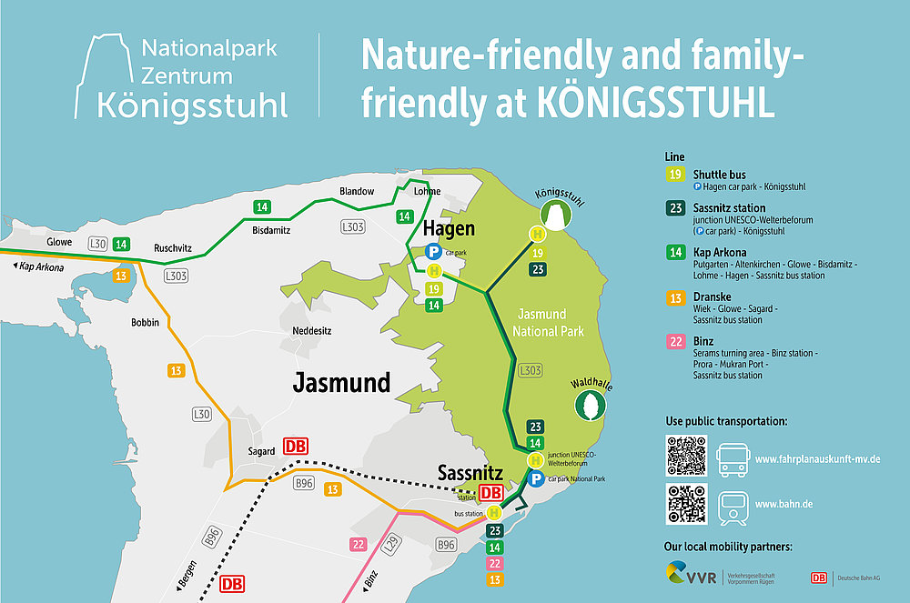 Karte des Nationalpark Zentrums Königsstuhl, die die verschiedenen Verbindungen, Shuttlebuslinien und Zughalte anzeigt. Wichtige Punkte sind Jasmund, Sassnitz und Hagen sowie der Jasmin-Nationalpark, der als natur- und familienfreundlich beschrieben wird. Informationen zu öffentlichen Verkehrsmitteln sind ebenfalls enthalten.