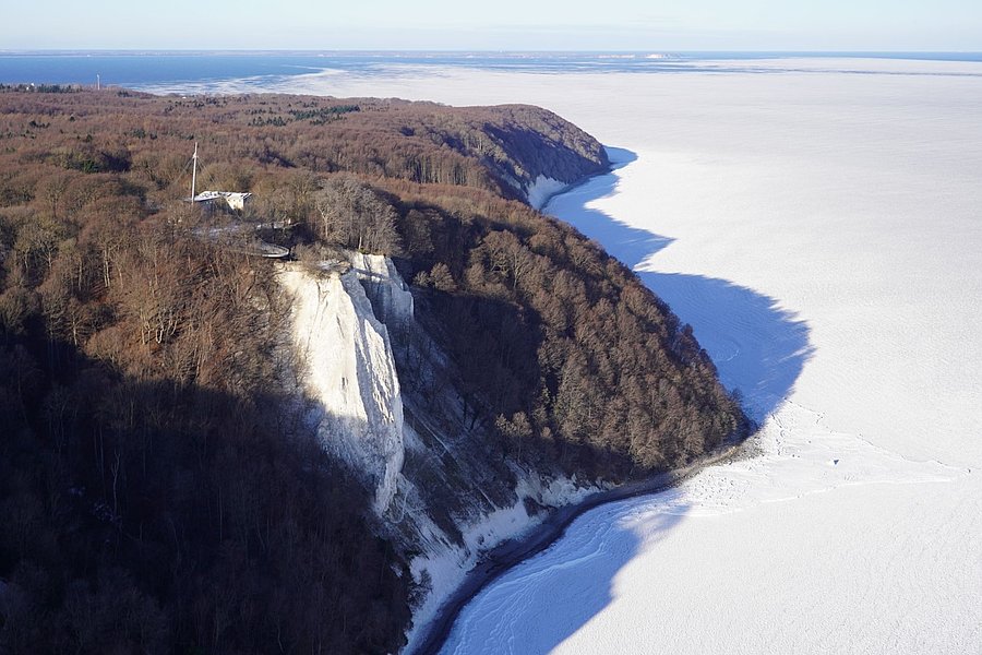 Eine winterliche Landschaft mit einer weißen, gefrorenen Küstenlinie. Ein Steilhang mit weißen Kreidefelsen und kahlen Bäumen ist im Vordergrund sichtbar, während die Weite des gefrorenen Ozeans und der klare Himmel im Hintergrund zu sehen sind.