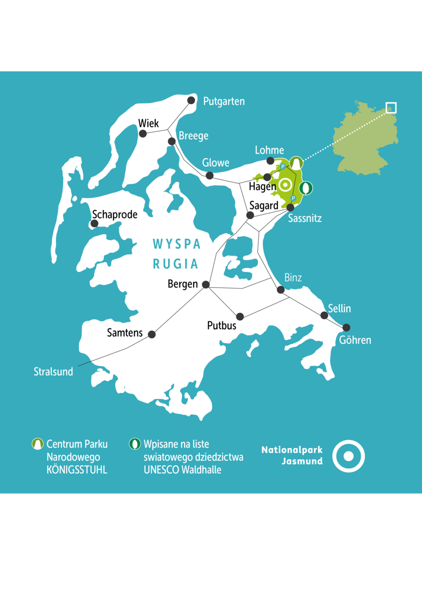 Karte von Rügen mit wichtigen Städten und Orten wie Lohme, Sassnitz und Binz. Der Nationalpark Jasmund und UNESCO-Welterbe sind hervorgehoben. Die Beschriftungen sind in polnischer und deutscher Sprache. 