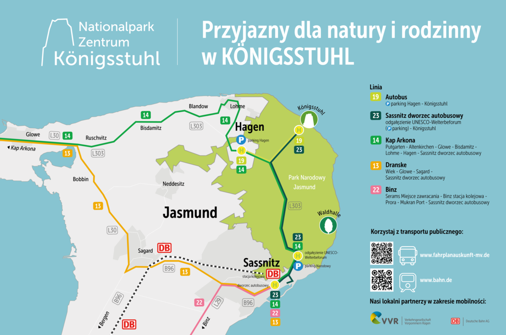 Karte des Nationalparks Zentrum Königsstuhl mit hervorgehobenen Routen für öffentliche Verkehrsmittel. Die Orte Hagen, Sassnitz und Jasmund sind markiert, verbunden durch Bus- und Bahnlinien. Informationen zu den Transportmöglichkeiten sind sichtbar, um die Erreichbarkeit des Parks zu erleichtern.