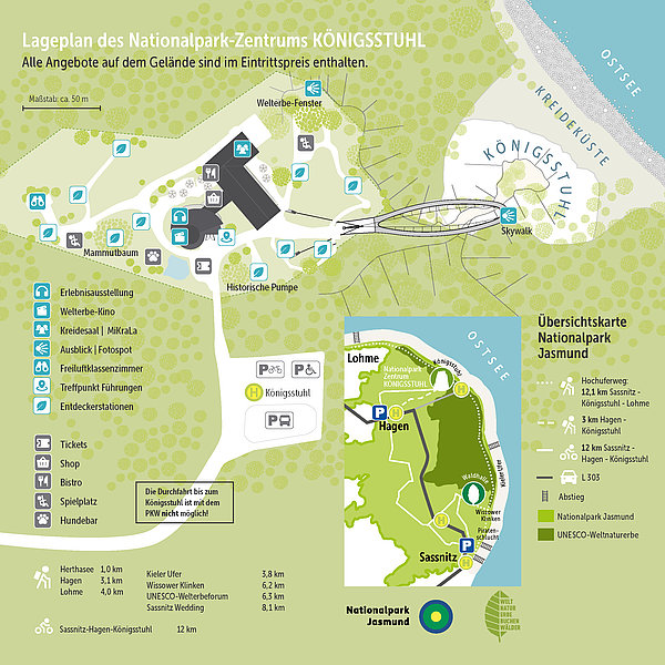 Lageplan des Nationalpark-Zentrums Königsstuhl. Die Karte zeigt verschiedene Attraktionen und Einrichtungen im Gebiet, einschließlich Wanderwege, Informationspunkte und Parkmöglichkeiten. Der Standort am Königsstuhl und die umliegenden Sehenswürdigkeiten sind gekennzeichnet.